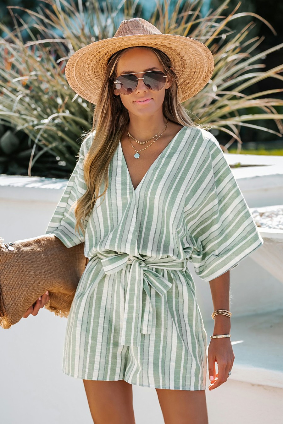 Online * Belted Surplice Neck Striped Romper Exactly Discount