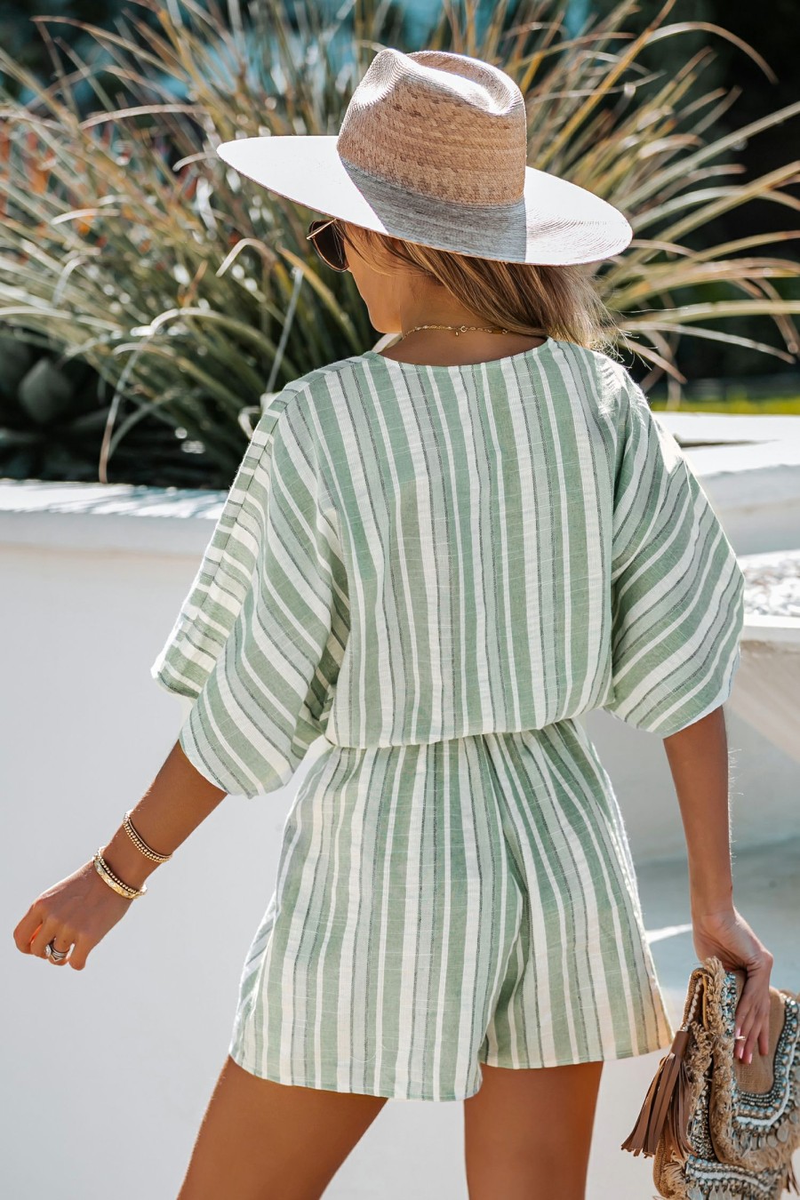 Online * Belted Surplice Neck Striped Romper Exactly Discount