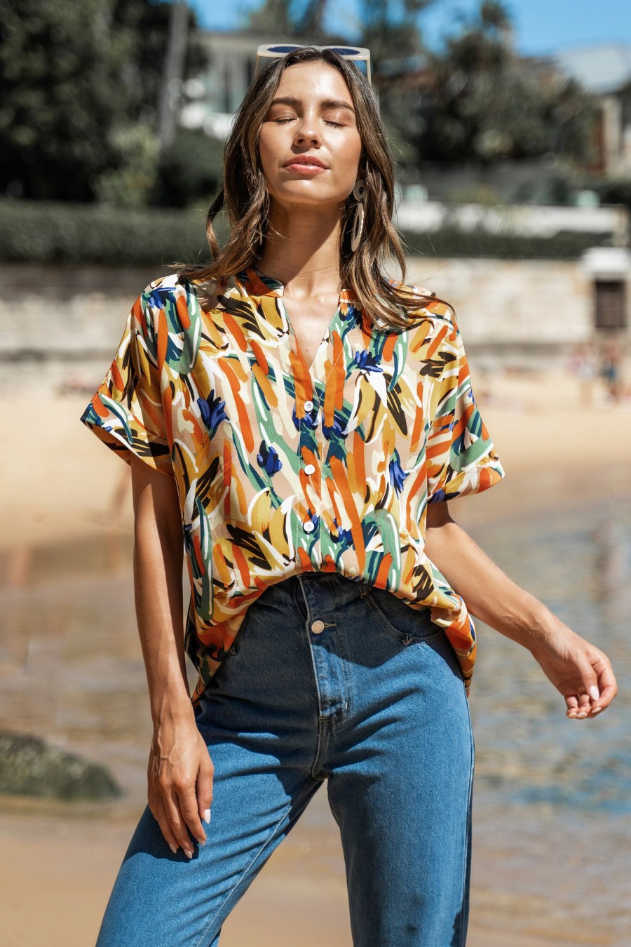 New * Abstract Print Button-Front Shirt Flash Sale