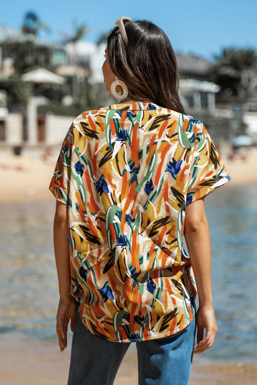 New * Abstract Print Button-Front Shirt Flash Sale