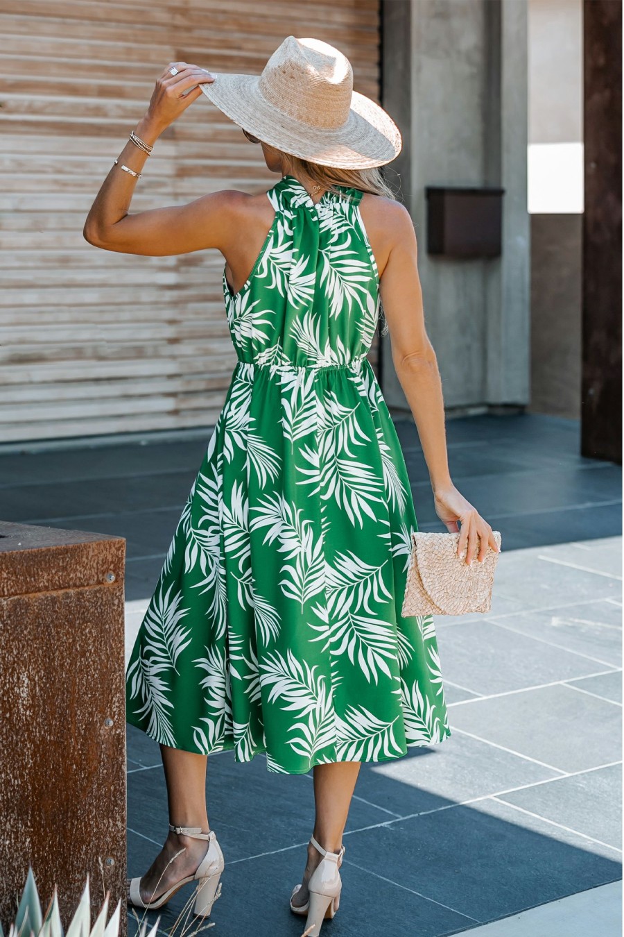 Wholesale * Tropical Leaf Print Knotted Halter Dress Top Sell