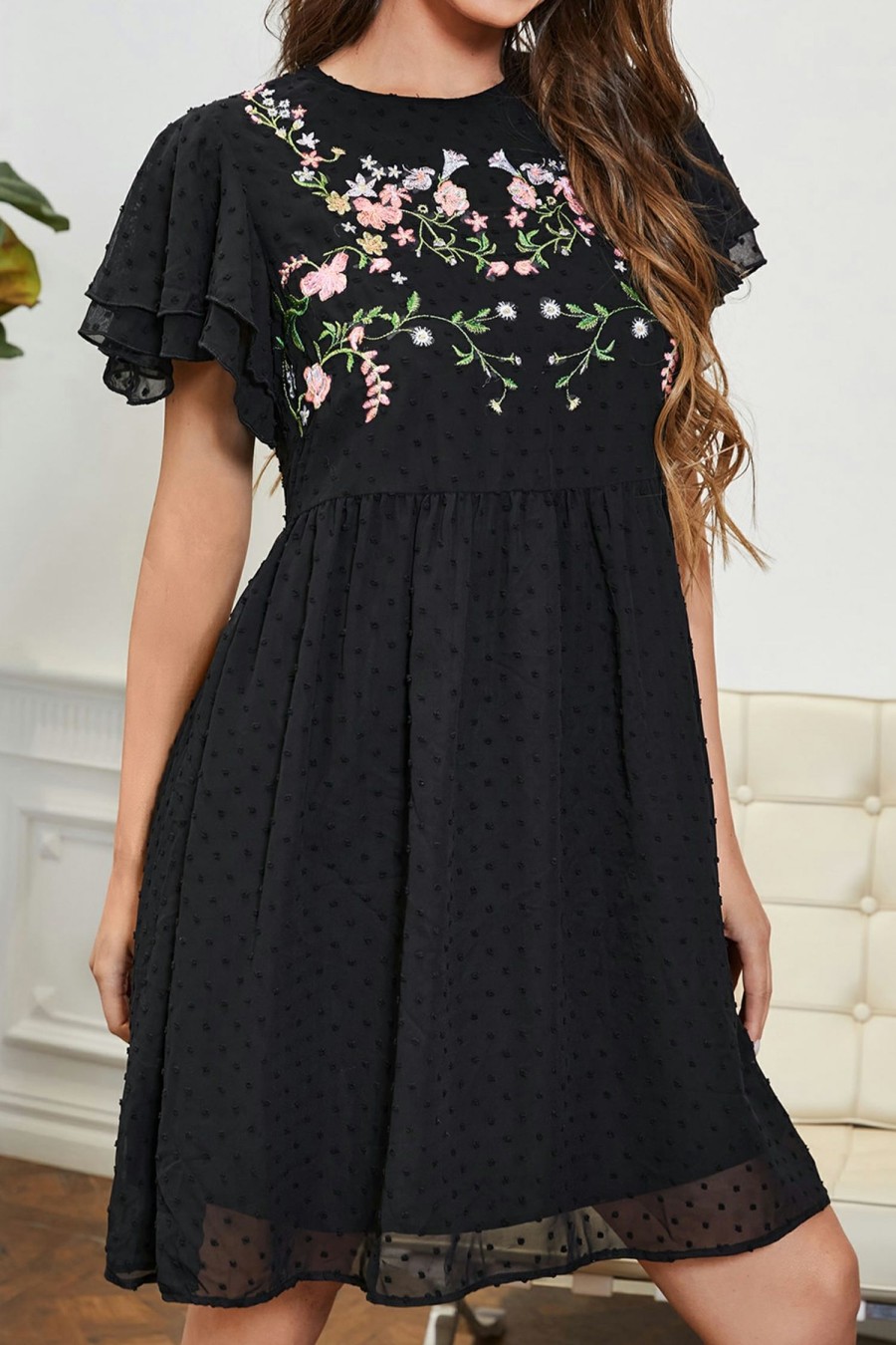 Hot * Freedom Beach Embroidered Floral Clip Dot Dress Flash Sale