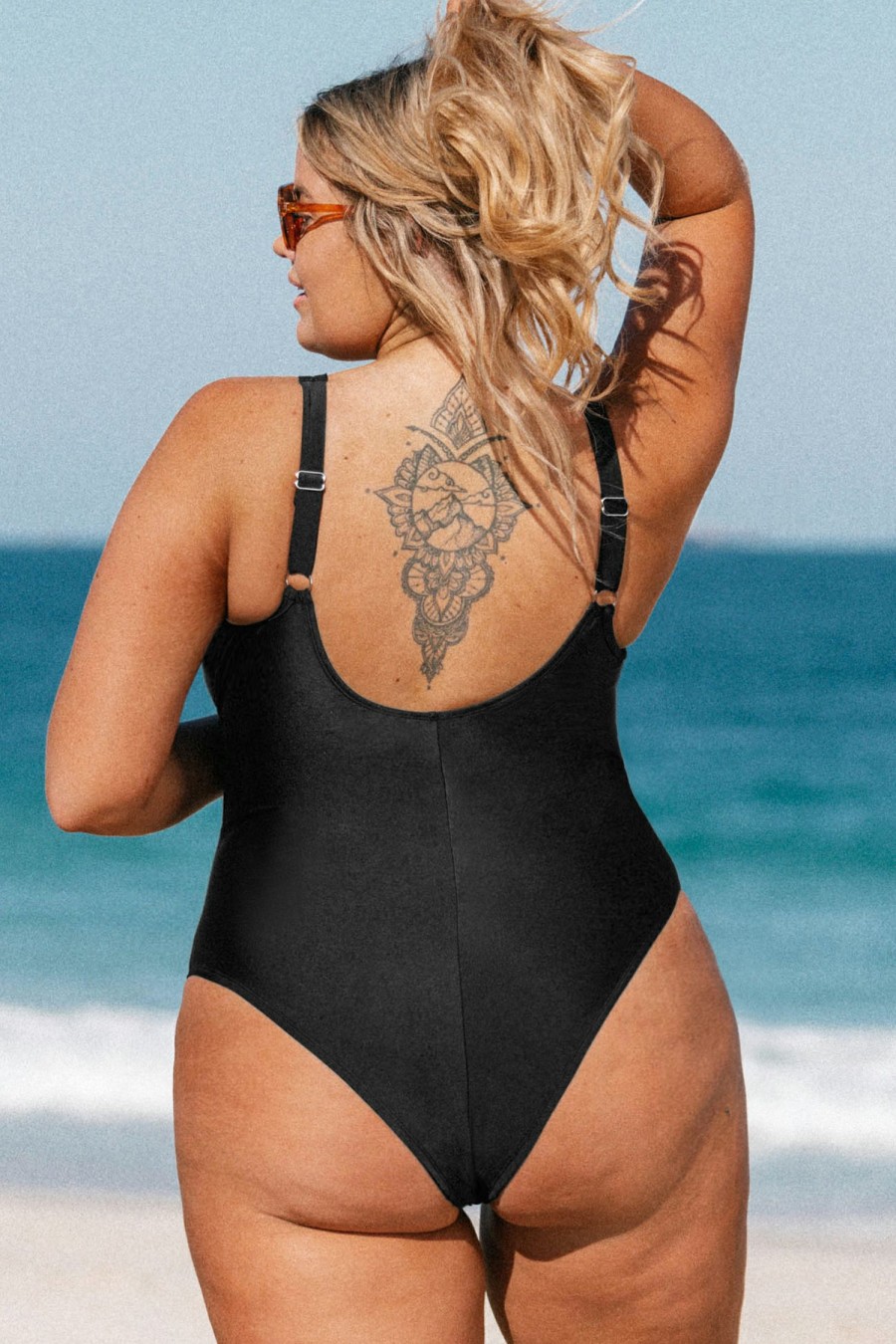 Best * Omniscient Solid Mesh Panel Tummy Control Black Plus Size One Piece Excellent