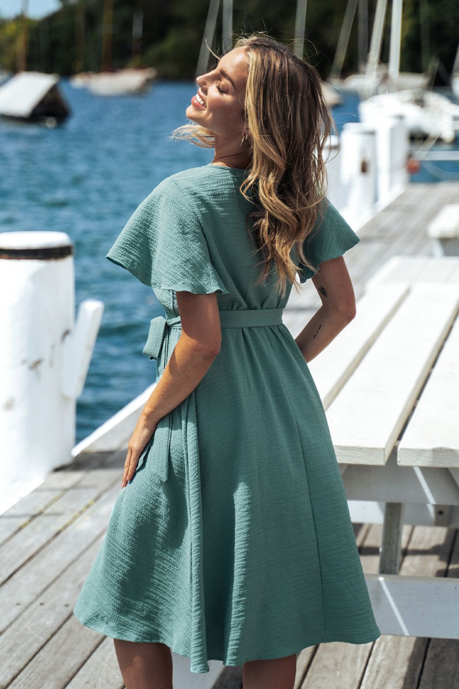 Best * Ayda Belted Flare Sleeve Midi Dress Discount Store