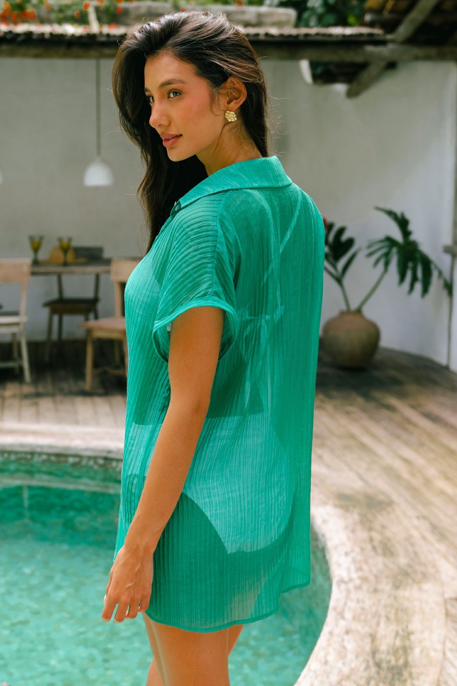 New * Semi-Sheer Green Cover-Up Shirt Official