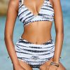 New * Striped Abstract Print Halter Top & Ruched Drawstring Bikini Set Hot Selling