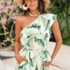 Hot * Tropical Leaf Ruffled One-Shoulder Romper Online Sale