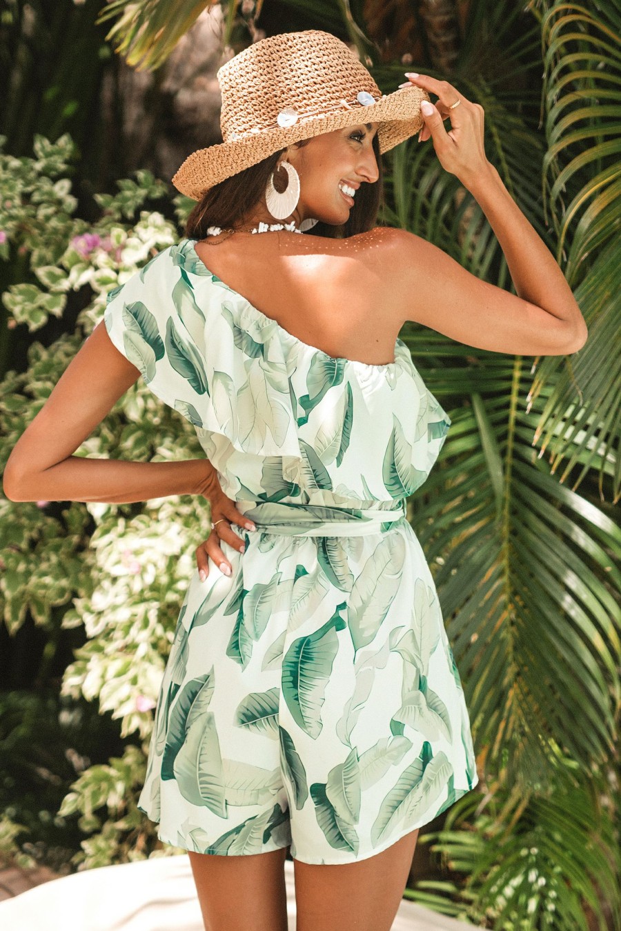 Hot * Tropical Leaf Ruffled One-Shoulder Romper Online Sale