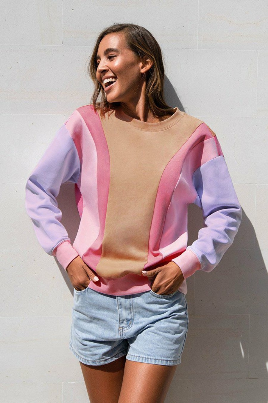 Wholesale * Lilac Sunset Color Block Long Sleeve Sweatshirt Cheap