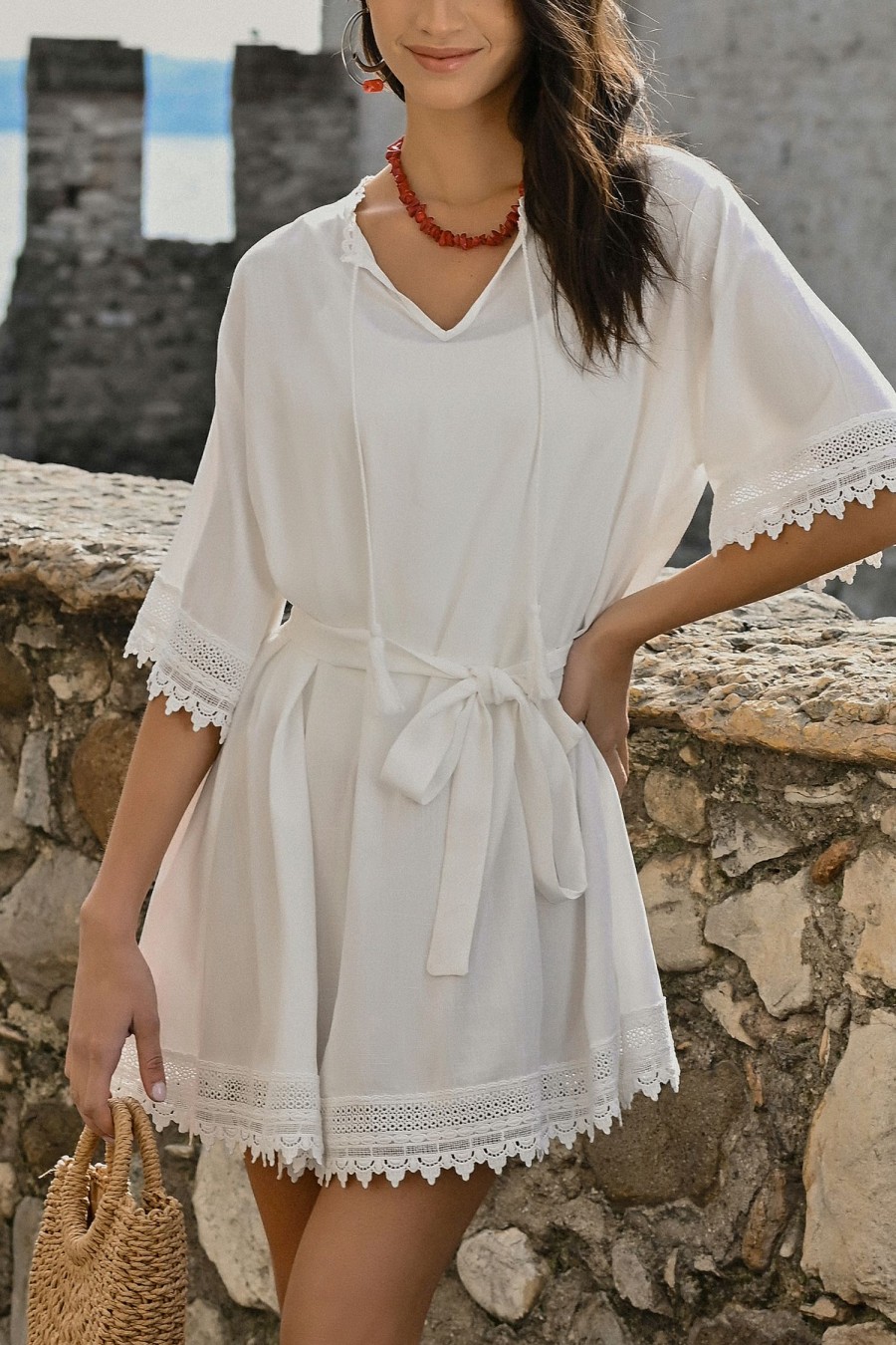 Online * Belted Tie Front Lace Cover-Up Dress Exactly Discount