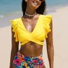 Best * Tropical Floral Print Ruffled Sleeve Top & High Waist Bikini Set Classical