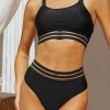 Online * Sheer Striped Trim Scoop Neck Top & Mid Rise Bikini Set Top Sellers