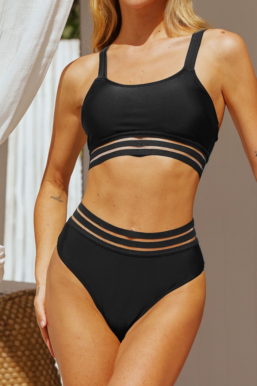 Online * Sheer Striped Trim Scoop Neck Top & Mid Rise Bikini Set Top Sellers