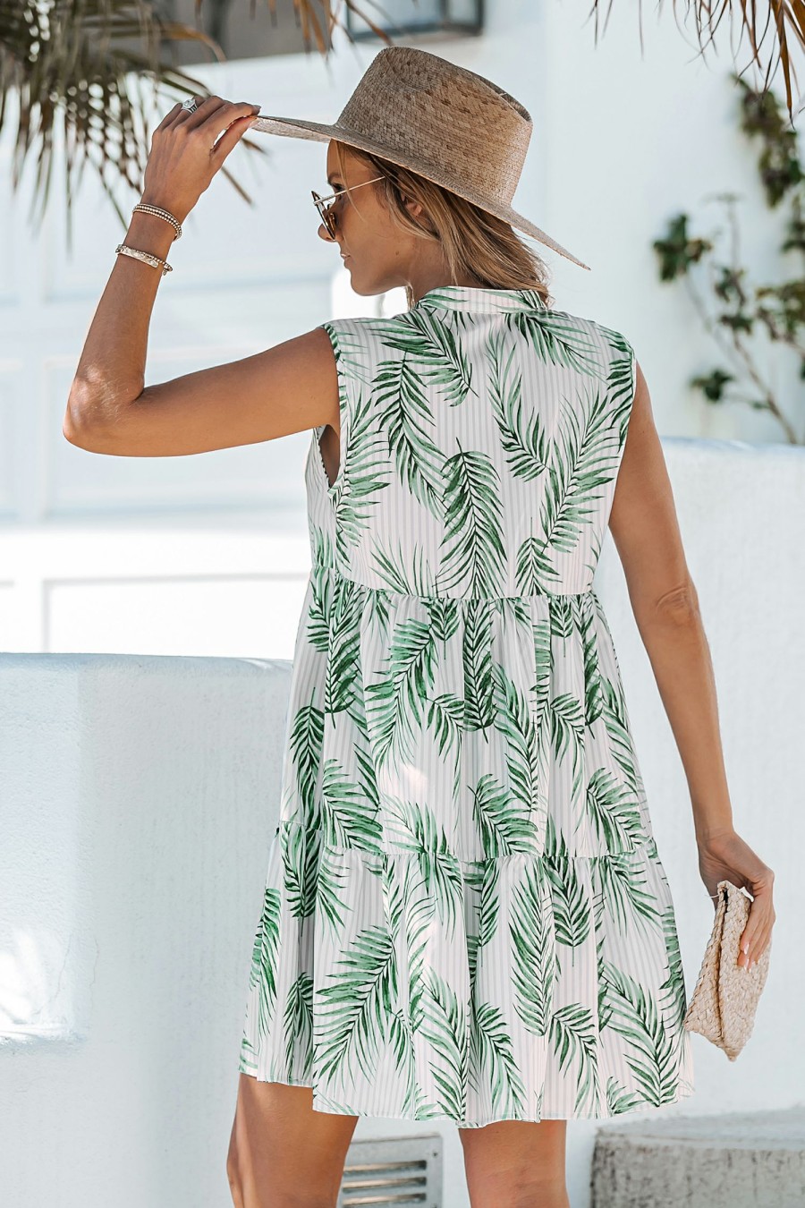 Wholesale * Tropical Leaf Print Striped Mini Dress Hot Sell