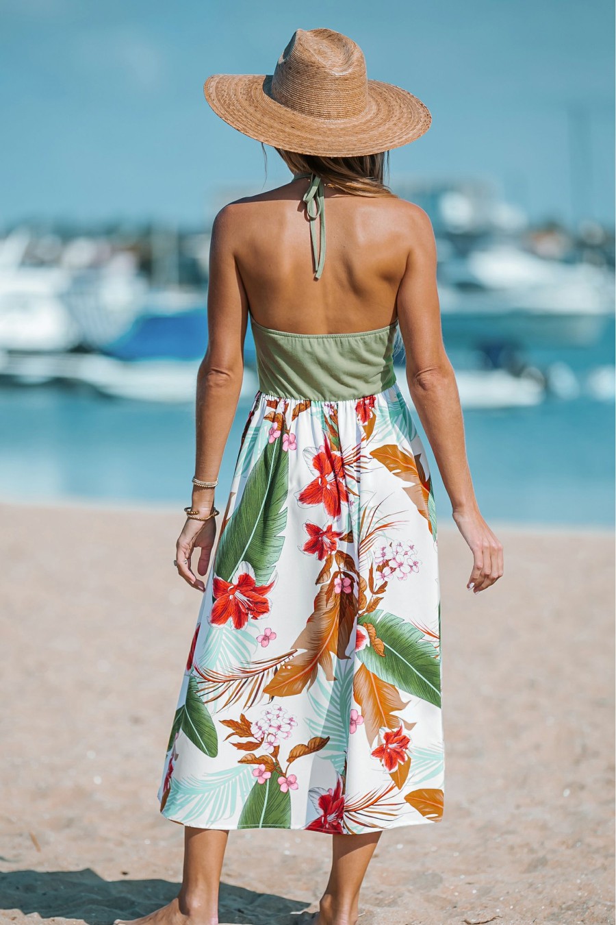 Wholesale * Halter Neck Tropical Floral Leaf Print Dress Flash Sale